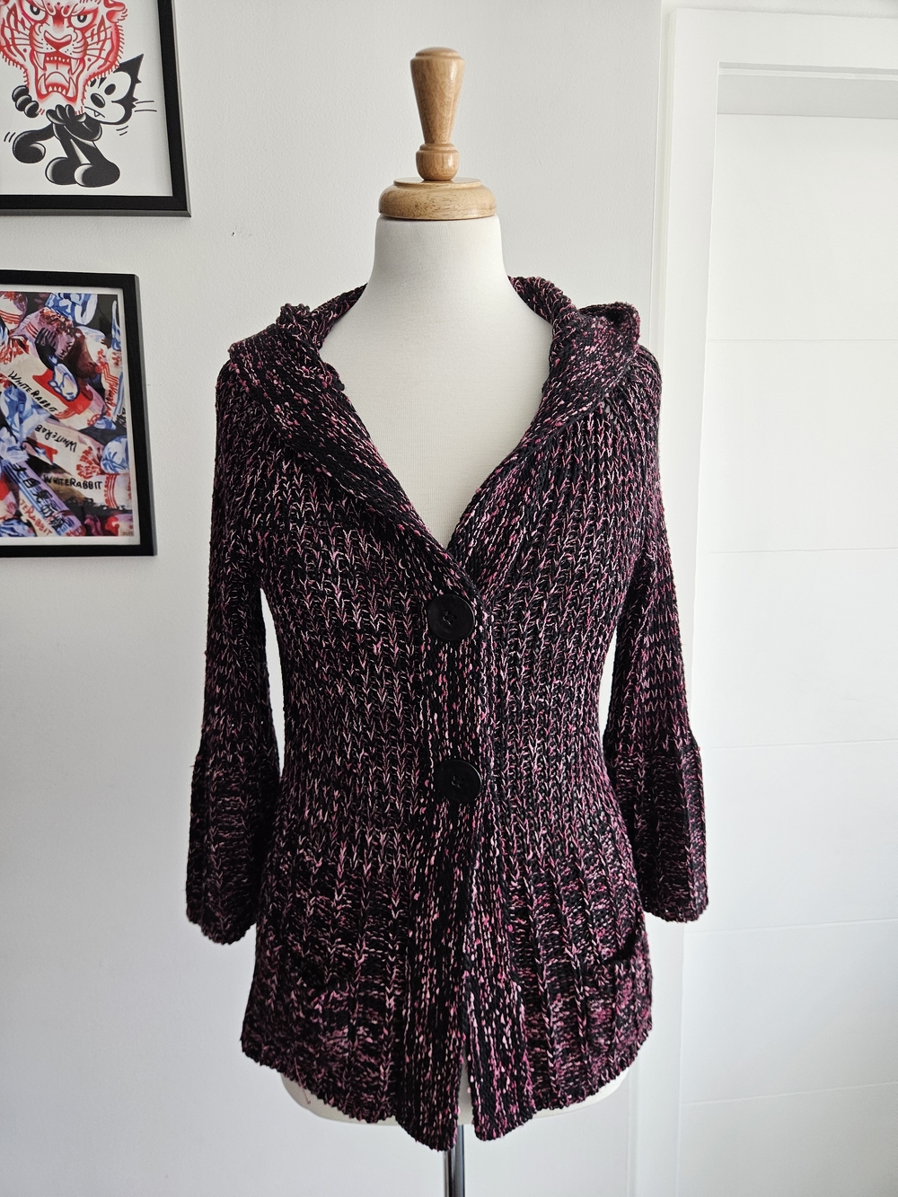 Women’s Black & Pink Hooded Knit Cardigan Sweater